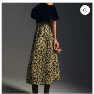 Anthropologie Brocade Maxi Skirt Floral Black and Yellow Women's Skirt
